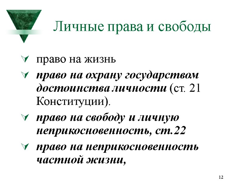 12 Личные права и свободы право на жизнь право на охрану государством достоинства личности